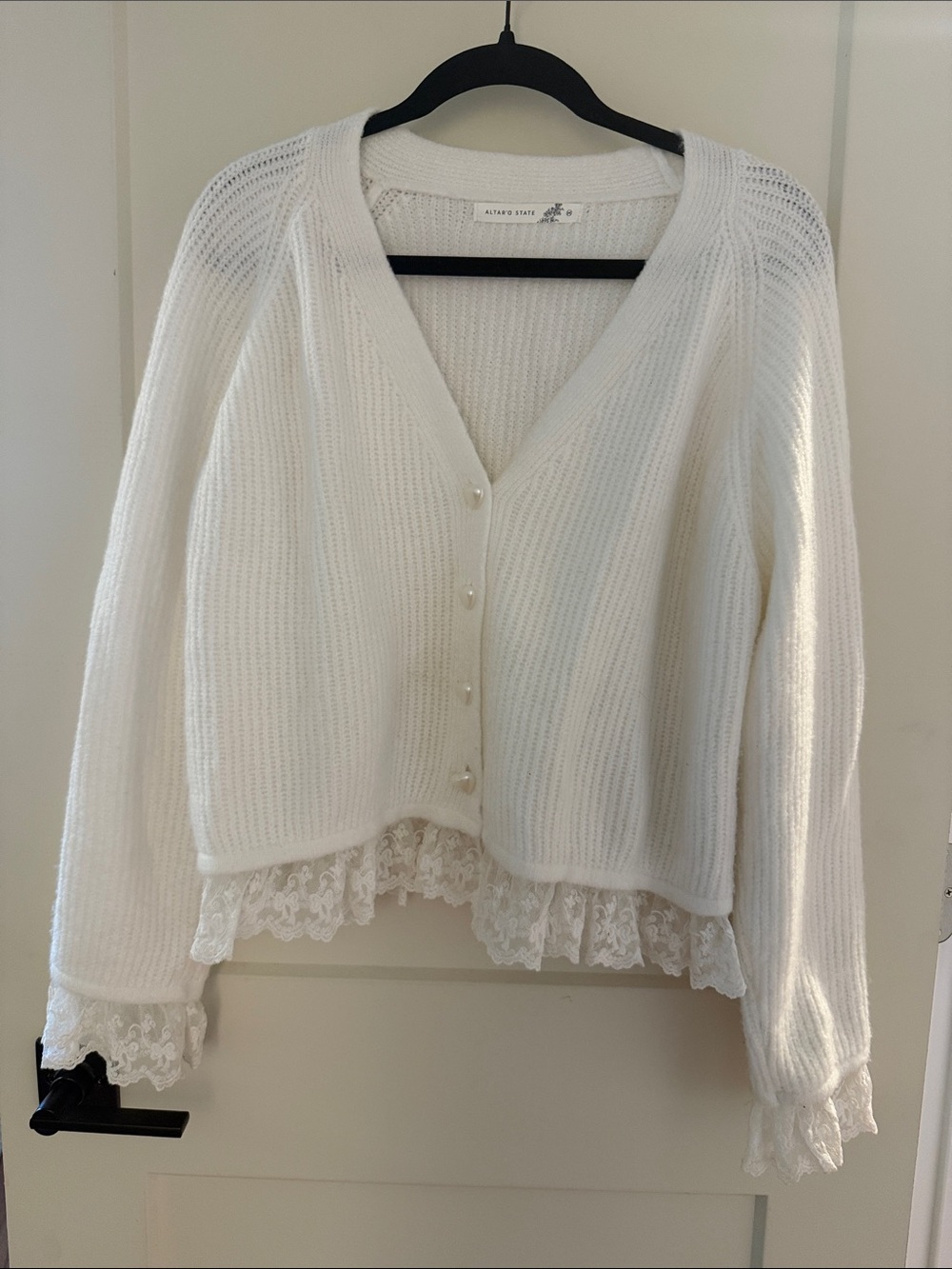 Altar'd State White Lace-Trim Knit Cardigan